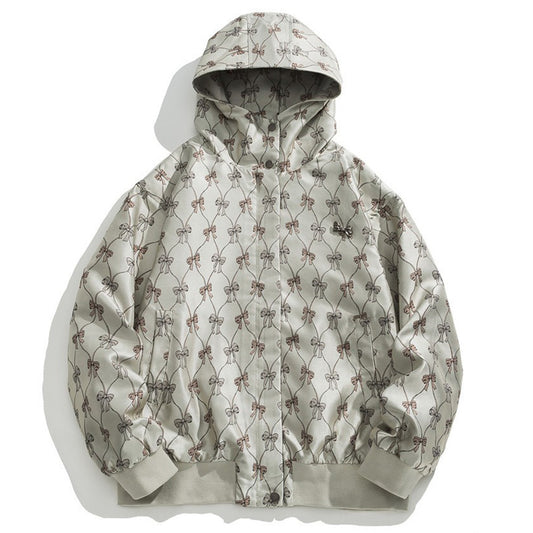 Men's Printed Floral Bow Hooded High Collar Loose Coat